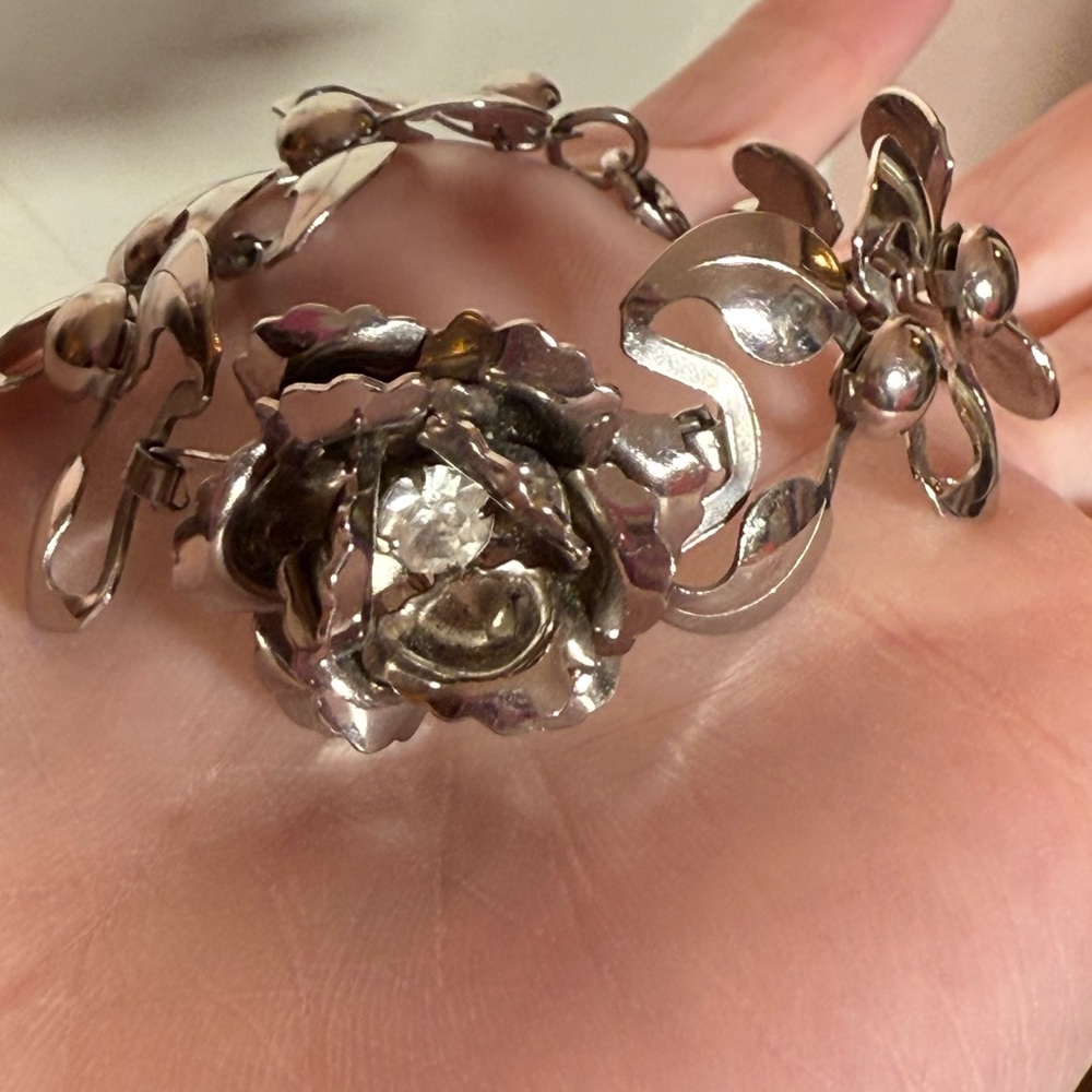 Silver Floral Rose Bracelet with Center Crystal - Picture 11 of 16